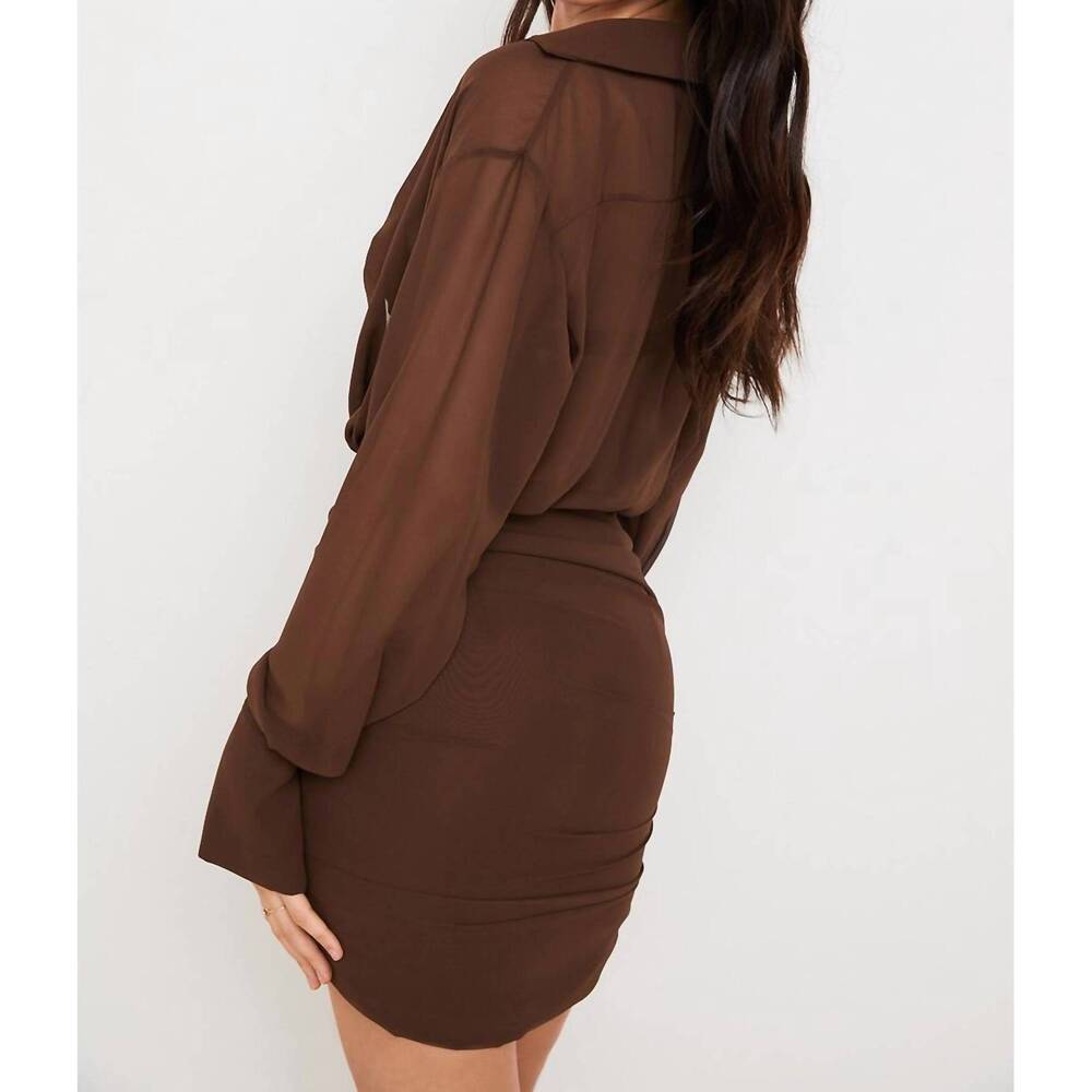NEW HOUSE OF CB deep v-neck puff skirt mini dress in brown - Picture 3 of 5